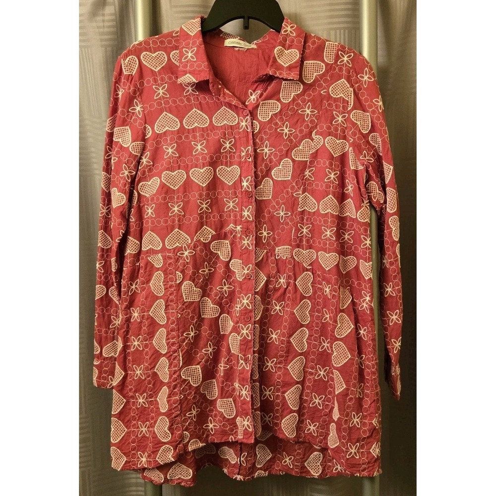 Coldwater Creek Womens Oversized Button Down Red Hearts Long Sleeve Top Medium